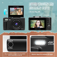 Load image into Gallery viewer, 4K Digital Camera for Photography and 18X Digital Zoom Camera 64MP Compact Vlogging Camera 3'' 180° Flip Screen with Flash
