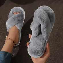 将图片加载到图库查看器,Cross Warm Fluffy Furry Slippers Women Lightweight Flat Heels Fur Slides Woman Autumn Winter Open Toe Non Slip Home Floor Shoes