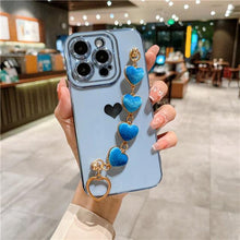 Load image into Gallery viewer, Luxury Mini Heart Shaped Love Bracelet Strap Phone Case Case with Chain Luxury Sparkle Love-Hearts Case with Strap Bracelet Slim Soft Protective Girly Cover For iPhone 11 12 13 14 Pro Max X XR XS Nice Heart Frame On 7 8 Plus SE Chain Phone Cover