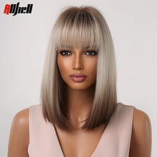 将图片加载到图库查看器,Short Straight Synthetic Wigs for Women Blonde to Brown Ombre Bob Wigs with Bangs Daily Cosplay Party Heat Resistant Fake Hair