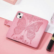 Load image into Gallery viewer, Luxury Pink Butterfly Flower Wallet Flip Case For iPhone 14 Pro Max 13 12 Classic Simple Leather Wallet Case with Card Holder Kickstand Wrist Strap Flip Cover for iPhone
