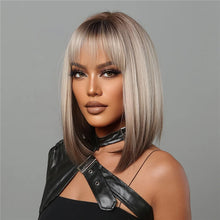 将图片加载到图库查看器,Short Straight Synthetic Wigs for Women Blonde to Brown Ombre Bob Wigs with Bangs Daily Cosplay Party Heat Resistant Fake Hair