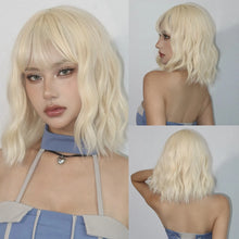 将图片加载到图库查看器,Short Wavy Wine Red Synthetic Wigs for Women Curly Lolita Wigs With Bangs Shoulder Length Wigs Natural Looking Daily Cosplay