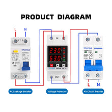 Load image into Gallery viewer, Dual Display 40A 63A 230V Din Rail Adjustable digital Over Under Voltage Relay Surge Protector Limit Over Current Protection