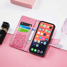 Load image into Gallery viewer, Luxury Pink Butterfly Flower Wallet Flip Case For iPhone 14 Pro Max 13 12 Classic Simple Leather Wallet Case with Card Holder Kickstand Wrist Strap Flip Cover for iPhone