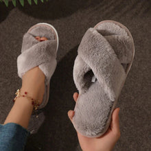将图片加载到图库查看器,Cross Warm Fluffy Furry Slippers Women Lightweight Flat Heels Fur Slides Woman Autumn Winter Open Toe Non Slip Home Floor Shoes