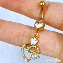 Load image into Gallery viewer, Clear Gem Gold Tone Tulip Heart Flower Dangle Belly Ring