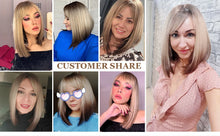 将图片加载到图库查看器,Short Straight Synthetic Wigs for Women Blonde to Brown Ombre Bob Wigs with Bangs Daily Cosplay Party Heat Resistant Fake Hair
