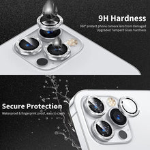 Load image into Gallery viewer, 9H Tempered Glass Camera Cover Screen Protector Metal Individual Ring For iPhone Phone Glitter Camera Lens Protector Film For iPhone 14 13 12 11 Pro Max Luminous Lens Metal Glass Protective Cover