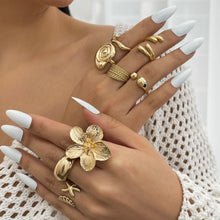 将图片加载到图库查看器,Ingemark 8Pcs/Set Vintage Metal Petal Flower Water Drop Open Rings for Women Trend 2025 Goth Geometric Ring Daily Jewelry Gift
