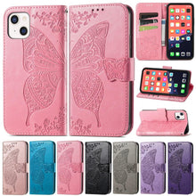 Load image into Gallery viewer, Luxury Pink Butterfly Flower Wallet Flip Case For iPhone 14 Pro Max 13 12 Classic Simple Leather Wallet Case with Card Holder Kickstand Wrist Strap Flip Cover for iPhone