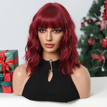 将图片加载到图库查看器,Short Wavy Wine Red Synthetic Wigs for Women Curly Lolita Wigs With Bangs Shoulder Length Wigs Natural Looking Daily Cosplay
