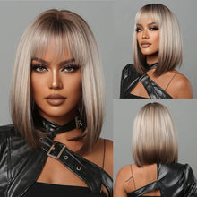 将图片加载到图库查看器,Short Straight Synthetic Wigs for Women Blonde to Brown Ombre Bob Wigs with Bangs Daily Cosplay Party Heat Resistant Fake Hair
