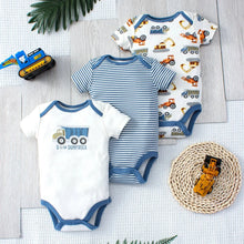 Load image into Gallery viewer, 3PCS Baby Bodysuit Set for Boys | Summer Short Sleeve Cotton Romper with Cartoon Dinosaur & Stripe Designs