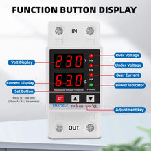 Load image into Gallery viewer, Dual Display 40A 63A 230V Din Rail Adjustable digital Over Under Voltage Relay Surge Protector Limit Over Current Protection