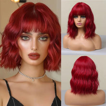 将图片加载到图库查看器,Short Wavy Wine Red Synthetic Wigs for Women Curly Lolita Wigs With Bangs Shoulder Length Wigs Natural Looking Daily Cosplay