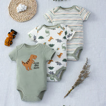 Load image into Gallery viewer, 3PCS Baby Bodysuit Set for Boys | Summer Short Sleeve Cotton Romper with Cartoon Dinosaur & Stripe Designs