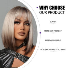 将图片加载到图库查看器,Short Straight Synthetic Wigs for Women Blonde to Brown Ombre Bob Wigs with Bangs Daily Cosplay Party Heat Resistant Fake Hair