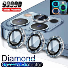 Load image into Gallery viewer, 9H Tempered Glass Camera Cover Screen Protector Metal Individual Ring For iPhone Phone Glitter Camera Lens Protector Film For iPhone 14 13 12 11 Pro Max Luminous Lens Metal Glass Protective Cover