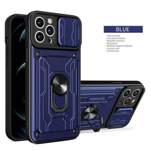 将图片加载到图库查看器,Heavy Duty Armor Case Card Pocket for iPhone 11 Pro 7 8 Plus Magnetic Phone Holder Cover Slide Lens Protection Design Card Holder Slot With Rotating Ring Armor Bumper Shockproof Case