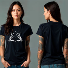 Load image into Gallery viewer, Glow in the Dark Dead Inside Heart Skeleton Hands Black Tee Shirt
