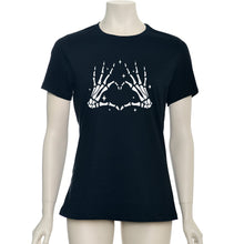 Load image into Gallery viewer, Glow in the Dark Dead Inside Heart Skeleton Hands Black Tee Shirt