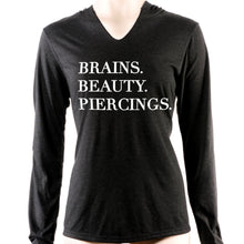 Load image into Gallery viewer, Brains Beauty & Piercings Tapered Long Sleeve Hoodie