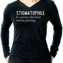 Load image into Gallery viewer, Stigmatophile n. a person who loves tattoos; piercings. Black Tapered Long Sleeve Hoodie