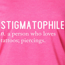 Load image into Gallery viewer, Stigmatophile n. a person who loves tattoos; piercings. Black Tapered Long Sleeve Hoodie