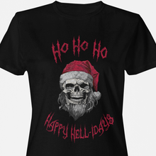 Load image into Gallery viewer, Holiday Skeleton Santa Claus Black Tee Shirt
