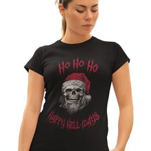 Load image into Gallery viewer, Holiday Skeleton Santa Claus Black Tee Shirt