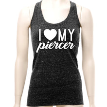 Load image into Gallery viewer, I Heart My Piercer Black Gray Cosmic Twist Back Tank Top