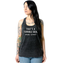 Load image into Gallery viewer, THAT'S A TERRIBLE IDEA. what time? Black Gray Cosmic Twist Back Tank Top