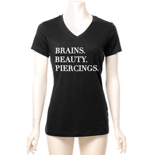 Load image into Gallery viewer, Brains Beauty & Piercings Tapered V-Neck Tee Shirt