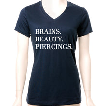 Load image into Gallery viewer, Brains Beauty & Piercings Tapered V-Neck Tee Shirt