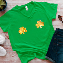Load image into Gallery viewer, Lucky Gold Shamrocks Green Frost V-Neck Boobies Tee Shirt