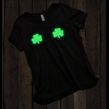 Load image into Gallery viewer, Lucky Glow in the Dark Shamrocks Black V-Neck Boobies Tee Shirt