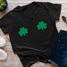 Load image into Gallery viewer, Lucky Green Shamrocks Black V-Neck Boobies Tee Shirt