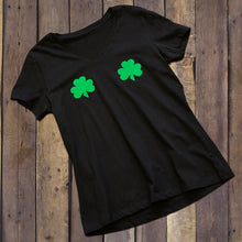 Load image into Gallery viewer, Lucky Green Shamrocks Black V-Neck Boobies Tee Shirt