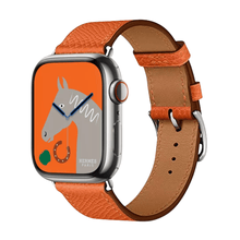 Load image into Gallery viewer, Hermes Apple Watch Series 7 GPS/ Cellular 45 mm - Stainless Steel Case - Orange Faux Leather Watch Band