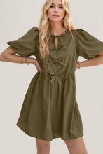 Load image into Gallery viewer, Elegant Ruched Puff Sleeve Mini Dress Vintage Bow Detail Cute Short Dress for Women