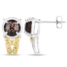 Load image into Gallery viewer, 3.75 Carat Genuine Smoky Quartz, Yellow Diamond and White Diamond .925 Sterling Silver Earrings