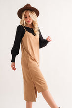 将图片加载到图库查看器,Faux Suede Cut Edge Slit Cami Midi Dress – Elegant Midi Dress, Faux Suede Dress, Chic Slit Dress, Sophisticated Dress, Versatile Cami Dress