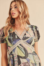将图片加载到图库查看器,Lace Detail Slit Geometric Print Short Sleeve Maxi Comfortable Dress For Women, Elegant Lace, Alluring Slit, Sophisticated Geometric Print for Casual & Dressy Occasions