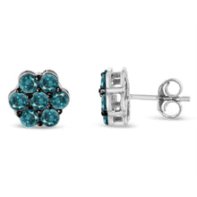 Load image into Gallery viewer, Sterling Silver Treated Blue Diamond Floral Stud Earrings (1 cttw, Blue Color, I2-I3 Clarity)