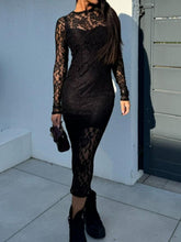 Load image into Gallery viewer, Black Lace Round Neck Long Sleeve Midi Dress Timeless & Elegant Design Women Dress