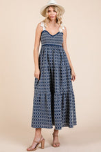 Load image into Gallery viewer, Geometric Embroidered Smocked Tie Shoulder Midi Dress For Women β Fluttering, Trendy and Chic Embroidered Midi Dress with Tie Shoulders