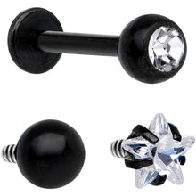 Load image into Gallery viewer, Clear CZ Gem Black PVD Internally Threaded Labret Set of 3 Ends