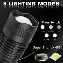 Load image into Gallery viewer, Adjustable Rechargeable Tactical Flashlight USB LED Super Bright Zoomable IPX65 Waterproof Portable Torchlight Flash Lamp USB Charging For Hiking Camping Running Fishing