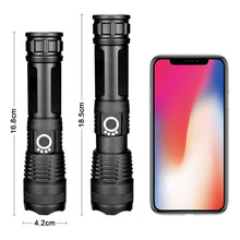 Load image into Gallery viewer, Adjustable Rechargeable Tactical Flashlight USB LED Super Bright Zoomable IPX65 Waterproof Portable Torchlight Flash Lamp USB Charging For Hiking Camping Running Fishing